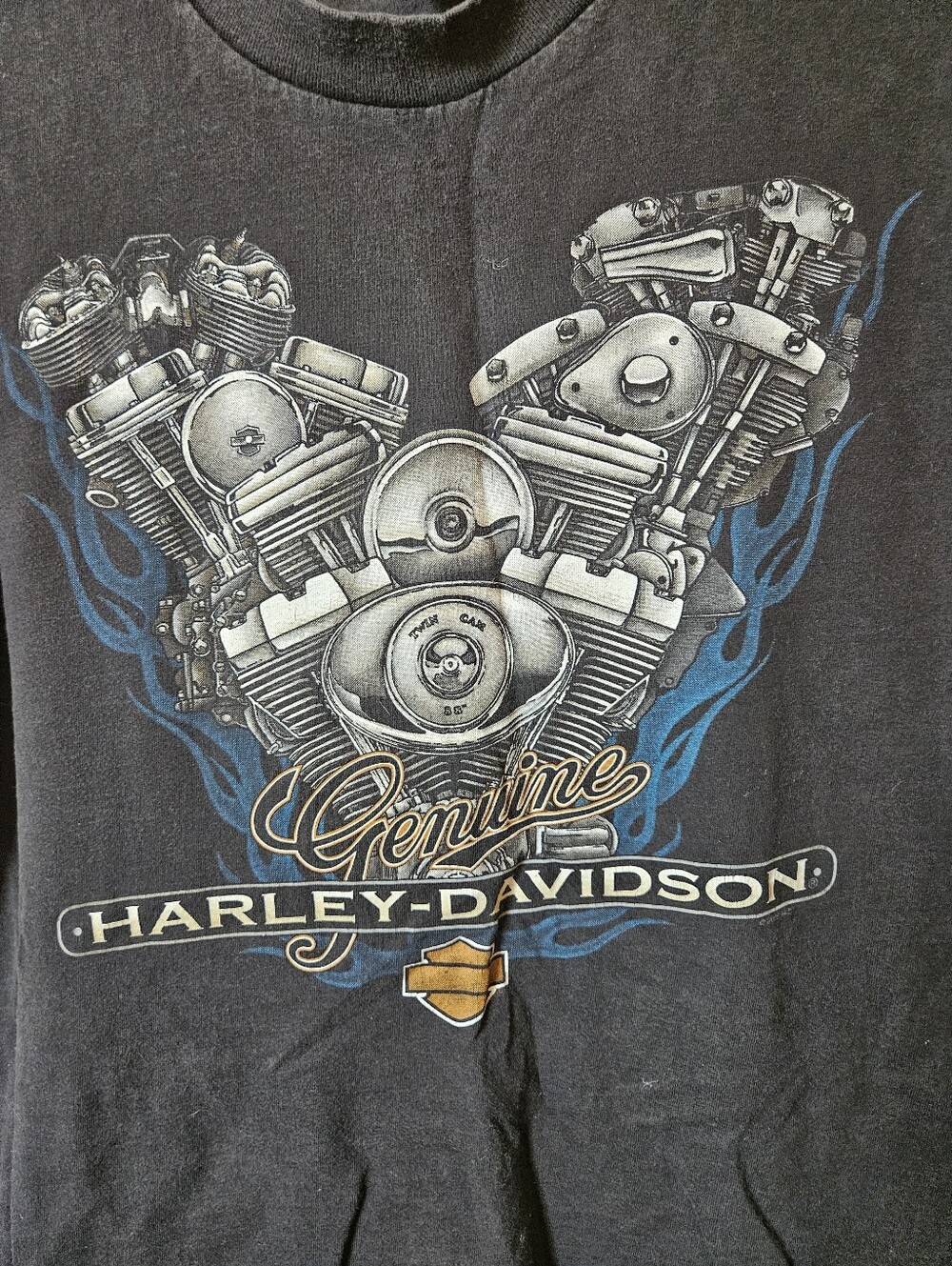Vintage 2000 Harley-Davidson Black Tee, Blue Flame V-Twin Graphic. Large - Picture 3 of 5